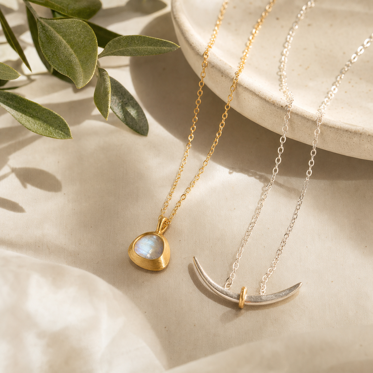 Delicate handmade necklaces on warm linen.
