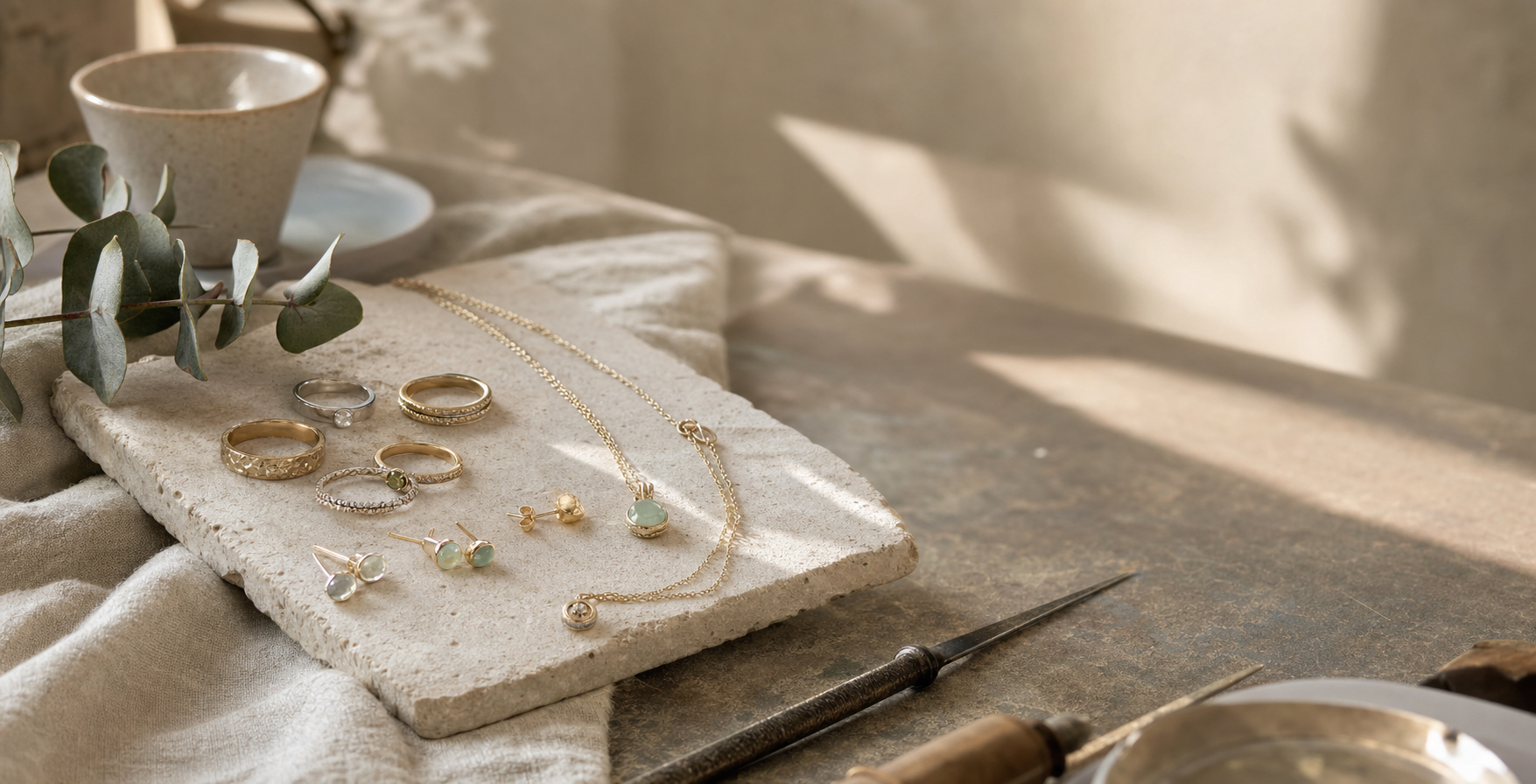 Handmade gold, Silver, and Gemstone Jewelry arranged on a sunlit studio workbench.