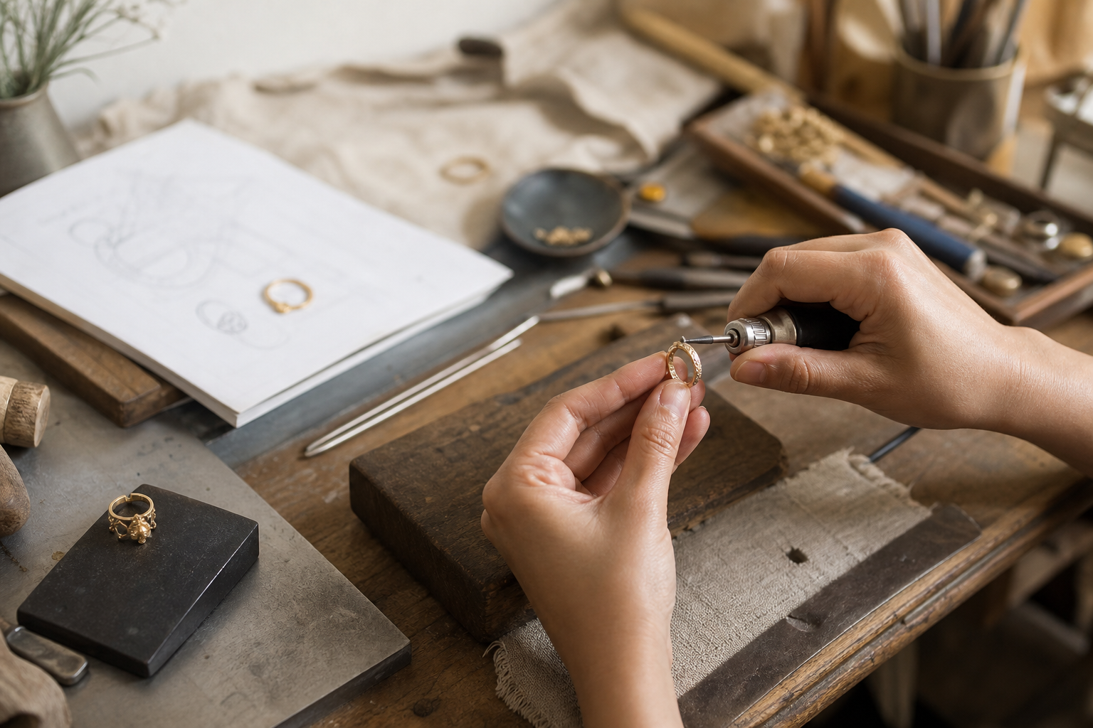 Hands finishing a handmade ring at a jewelry workbench.